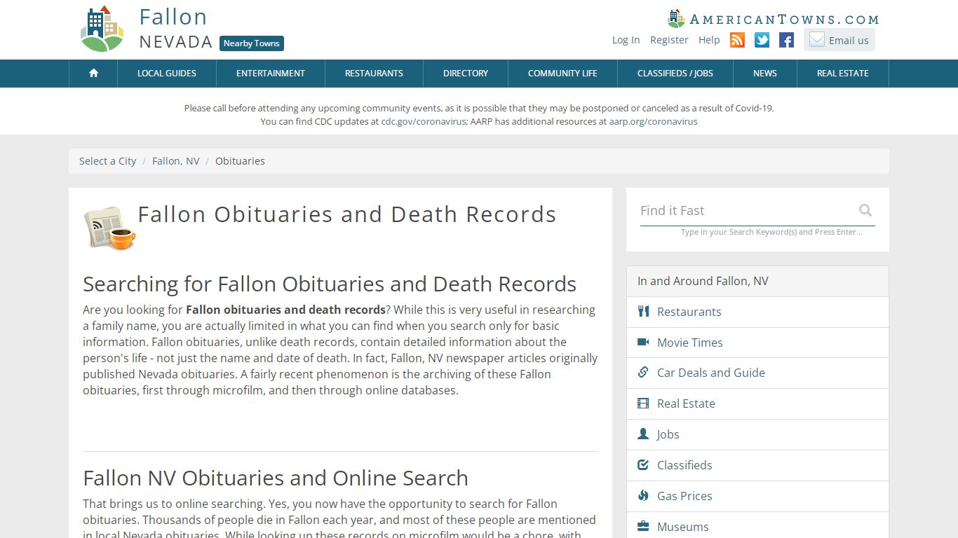 Obituaries Fallon NV - Fallon Death Records