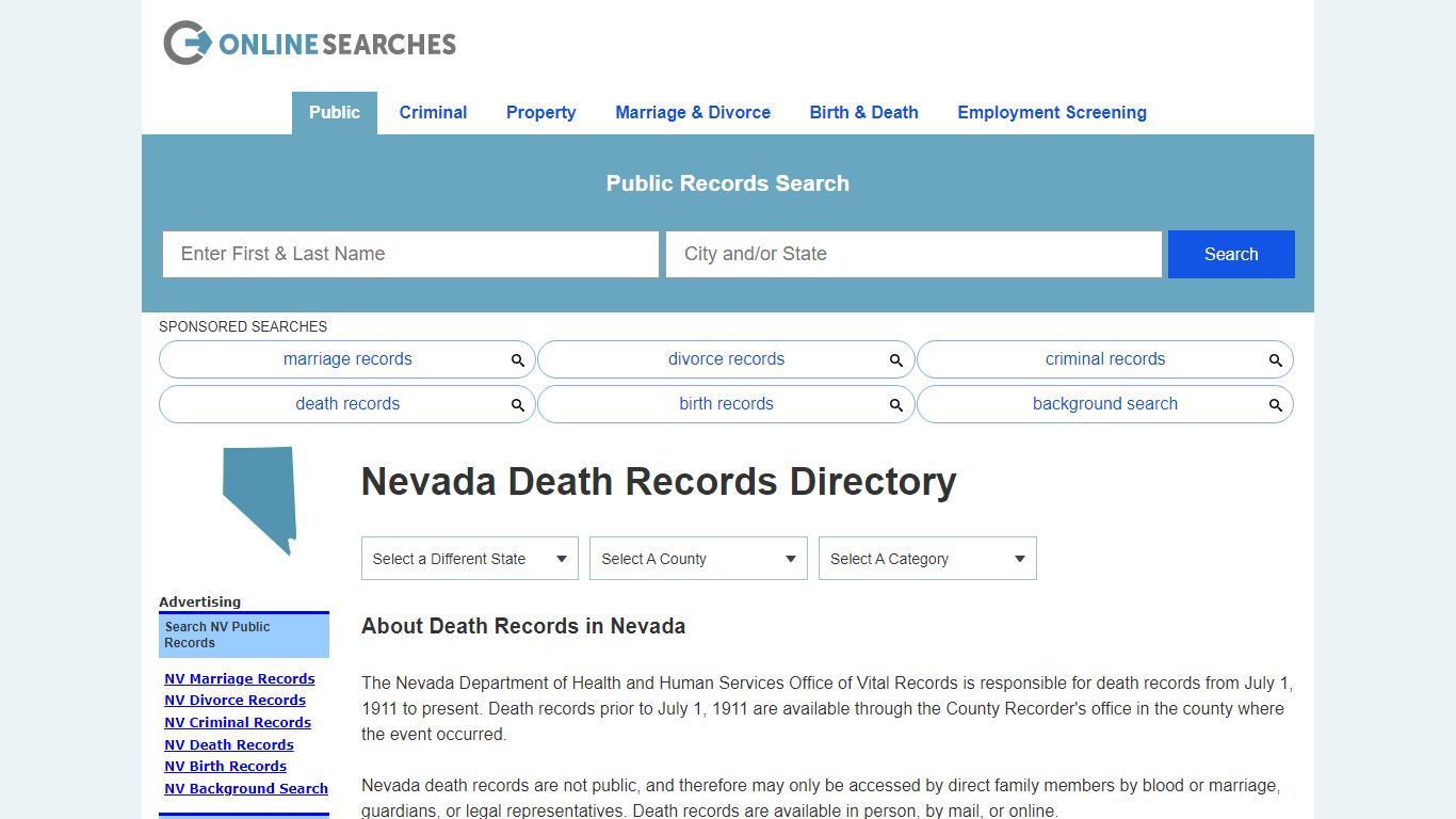 Nevada Death Records Search Directory - OnlineSearches.com