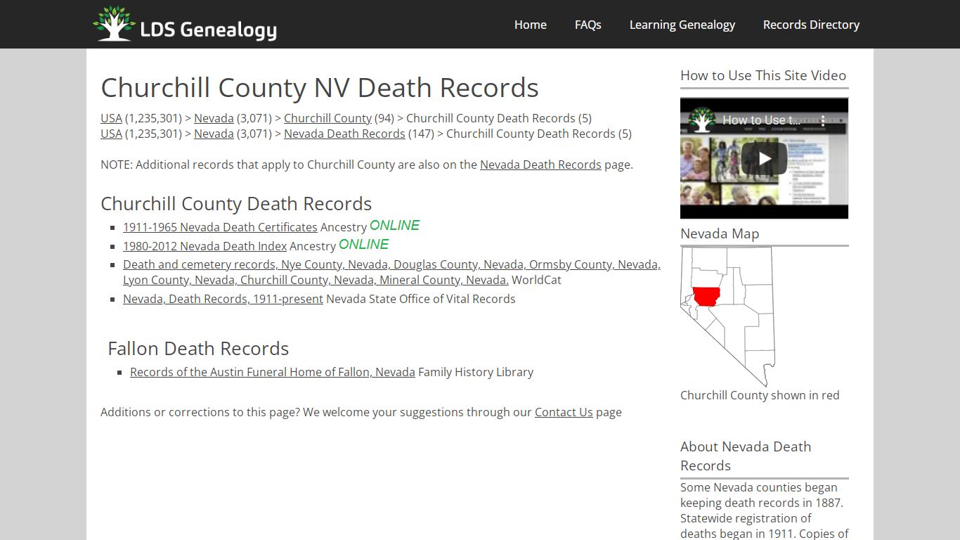 Churchill County NV Death Records - LDS Genealogy